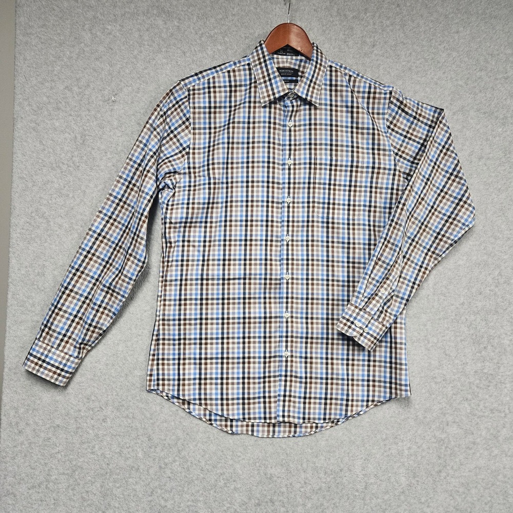Nordstrom Men's Shop Shirt Mens 16.5 36/37 Blue Brown Check Smartcare Trim Fit